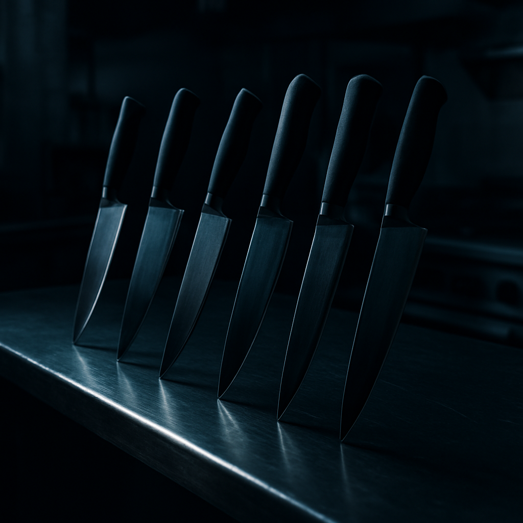 Row of professional chef knives lined up on a steel commercial kitchen counter