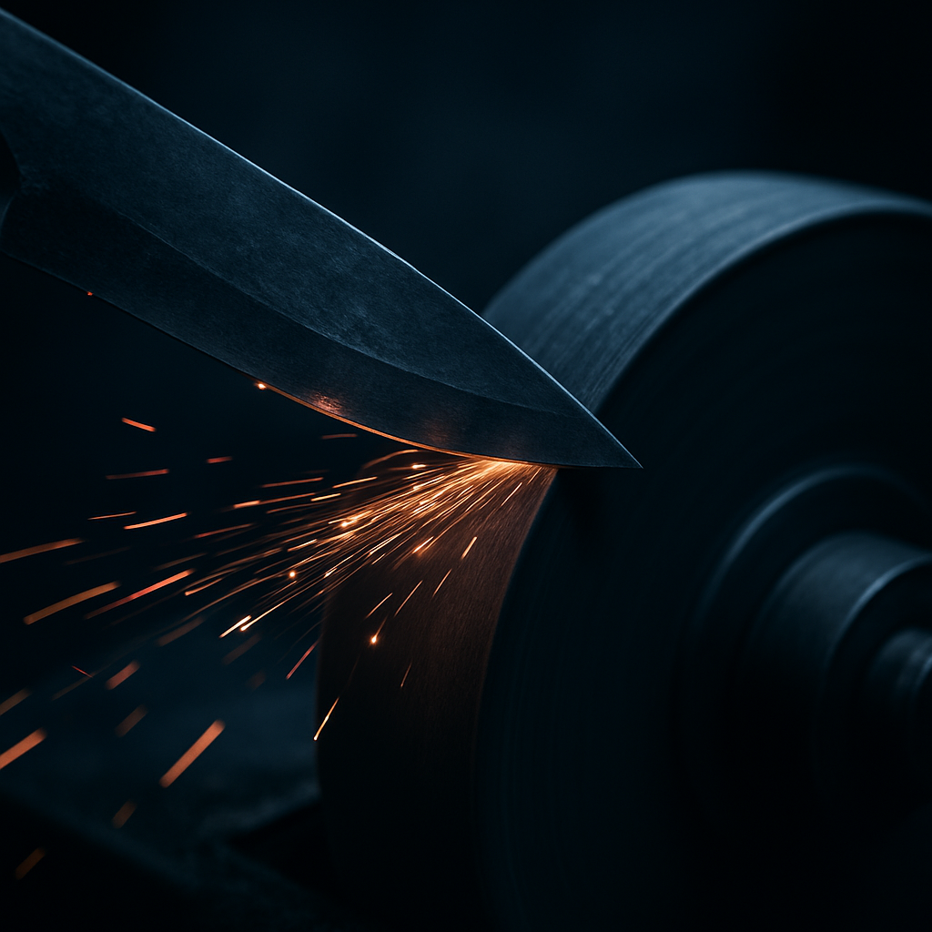 A knife blade being sharpened on a professional grinding wheel